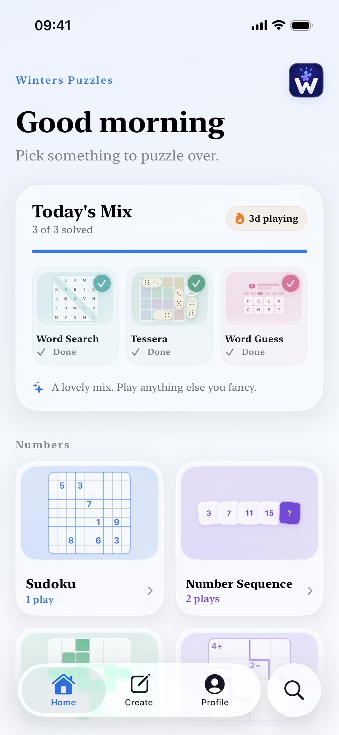 The Winters Puzzles home screen showing Today’s Mix and the puzzle library