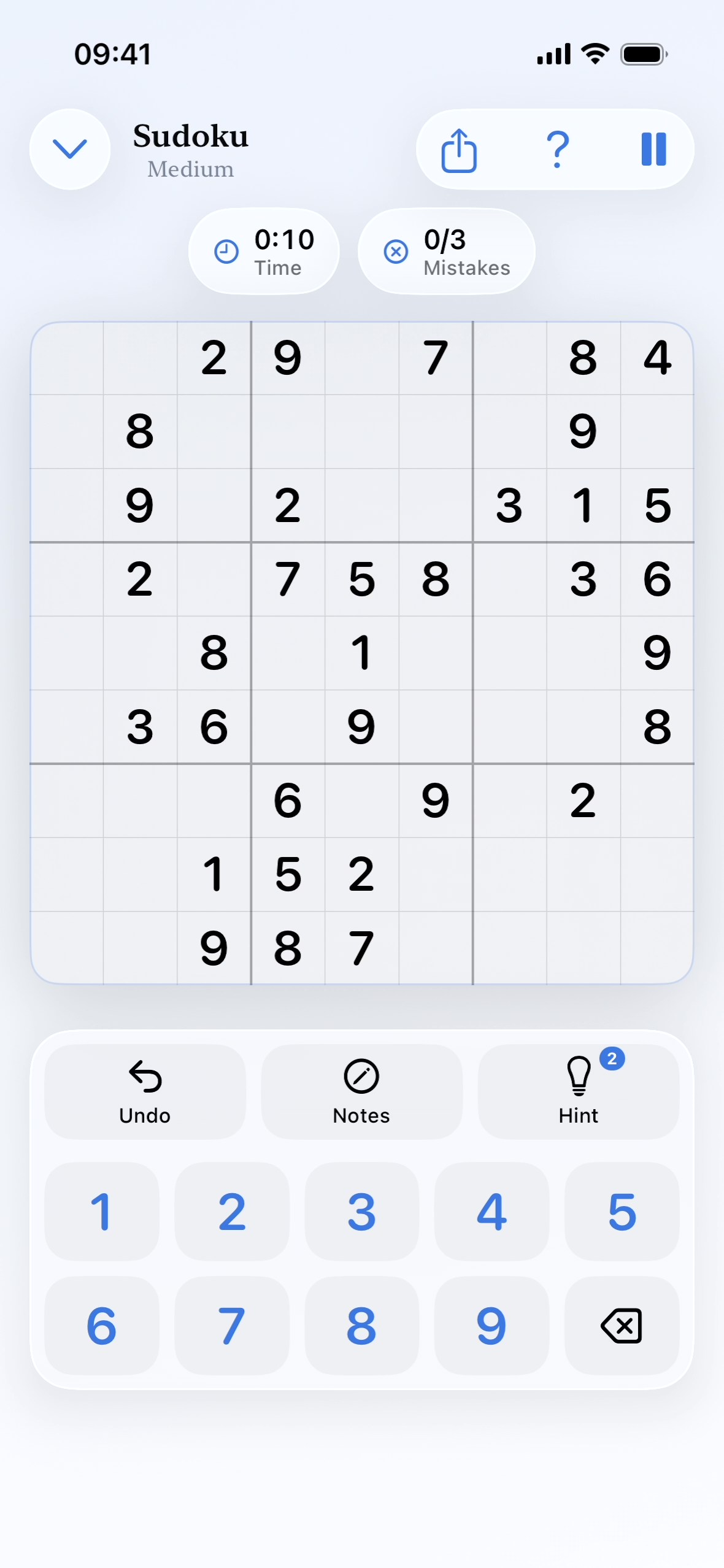 Sudoku puzzle screen