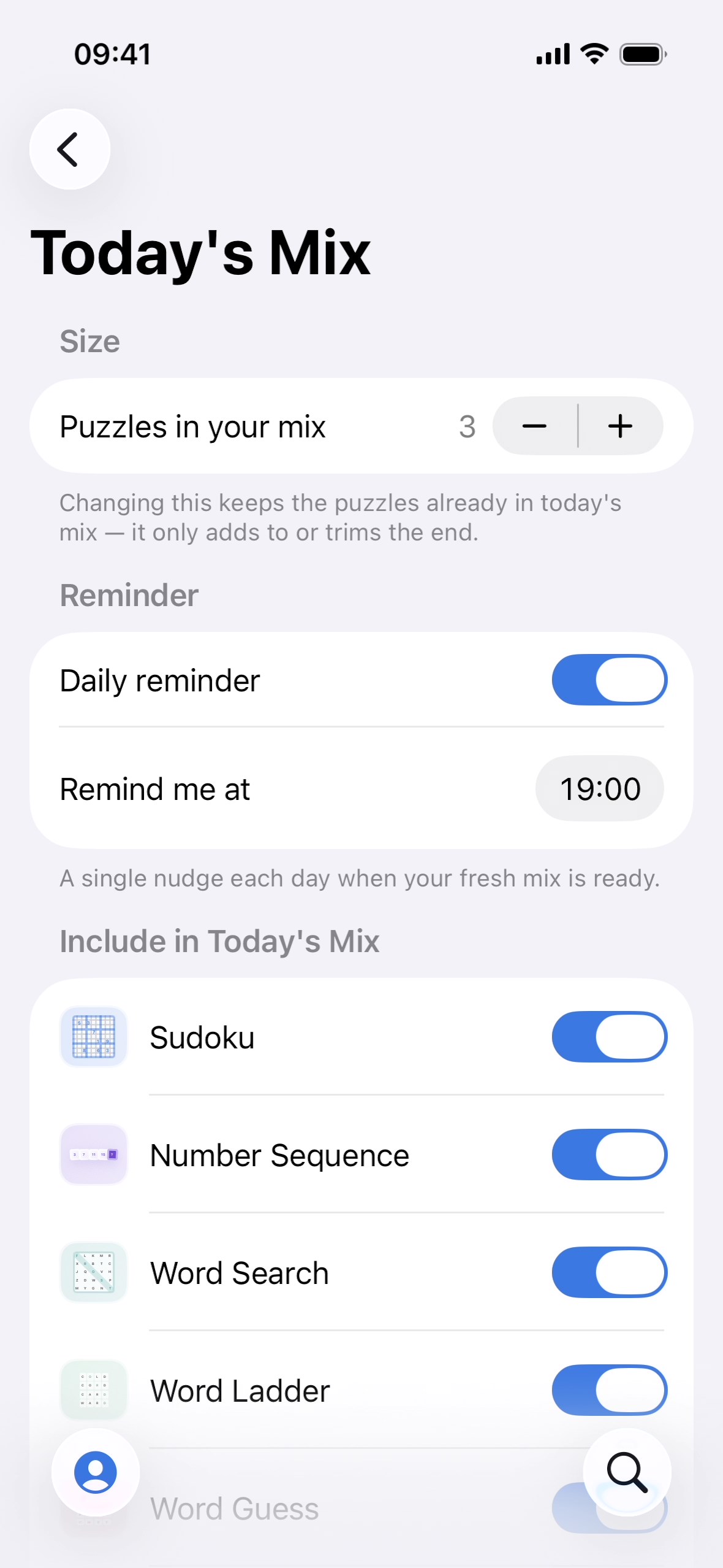 Today's Mix settings showing its size, reminders and included puzzle types